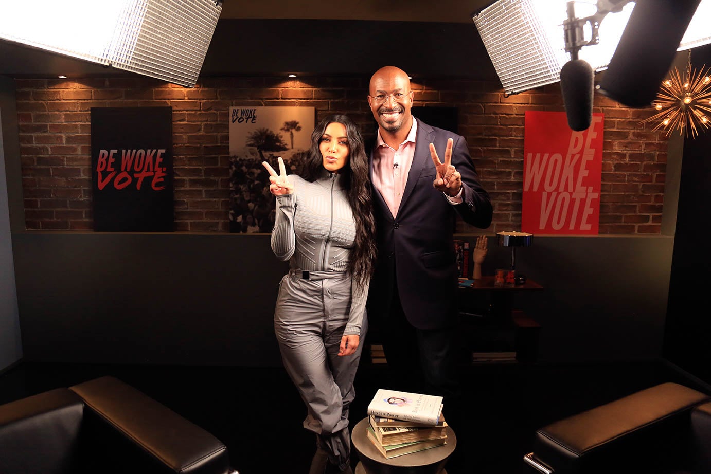Kim Kardashian and Van Jones on the set of The Messy Truth