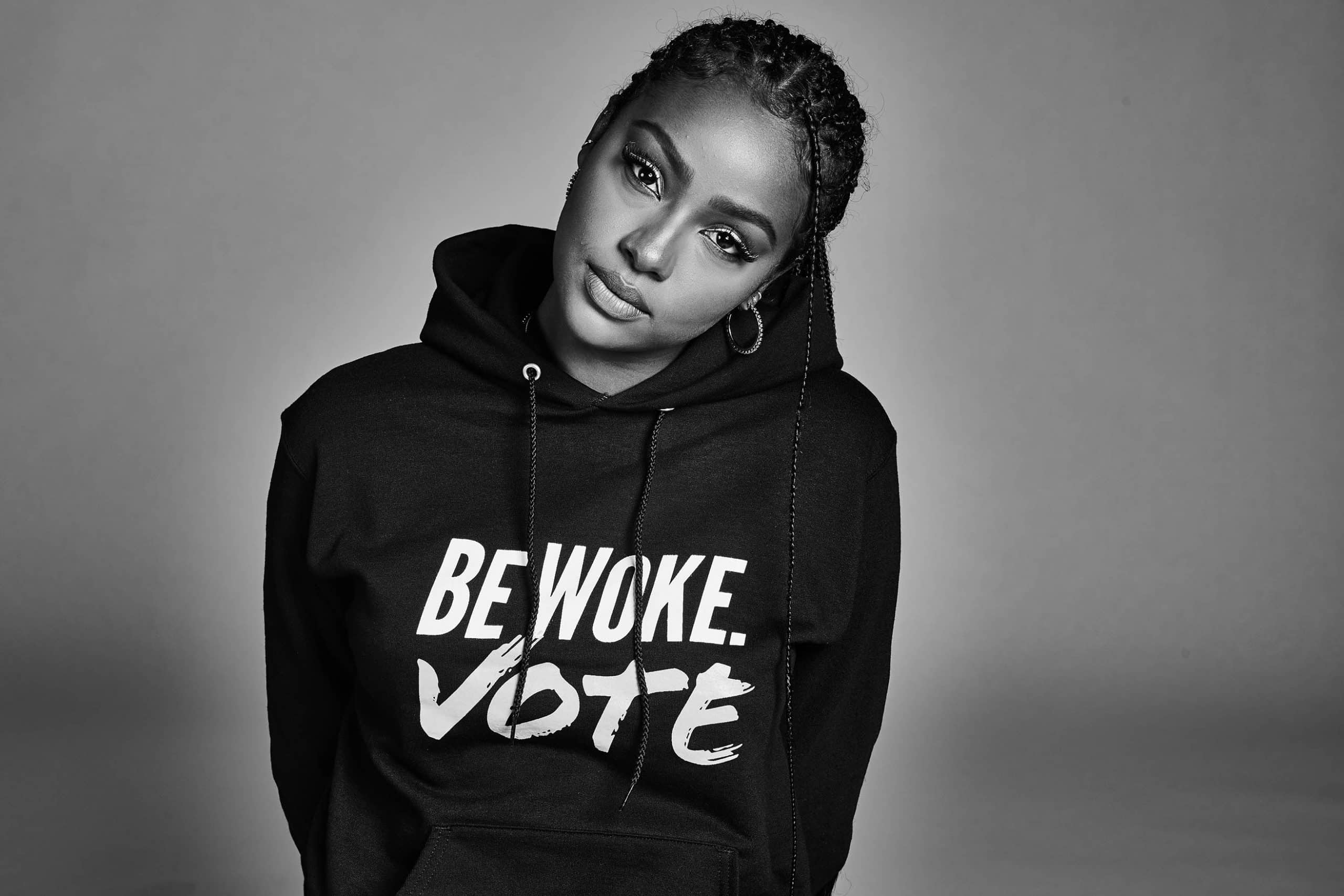 A guest in a Be Woke.Vote hoodie at the 2020 shoot for The Truth