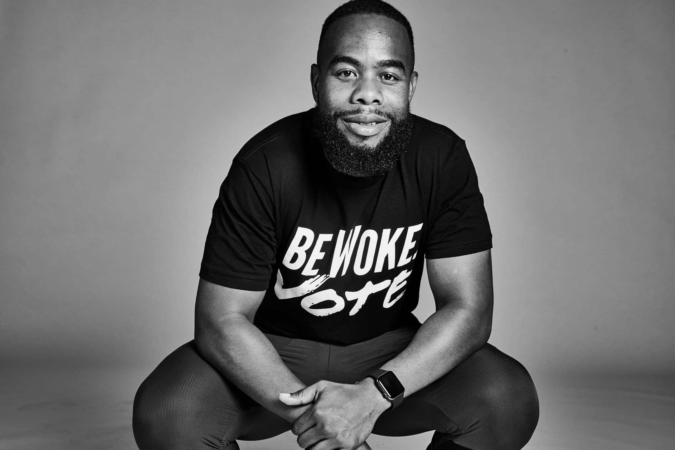 A guest in a Be Woke.Vote tee at the 2020 shoot for The Truth