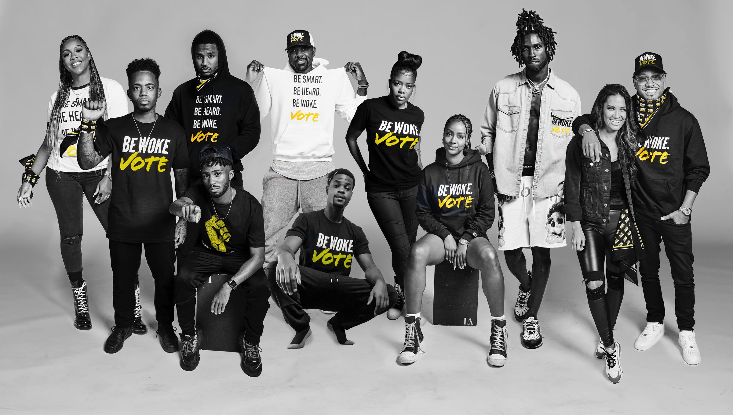Group photo of guests from The Truth, the Be Woke.Vote 2020 series, in black and white