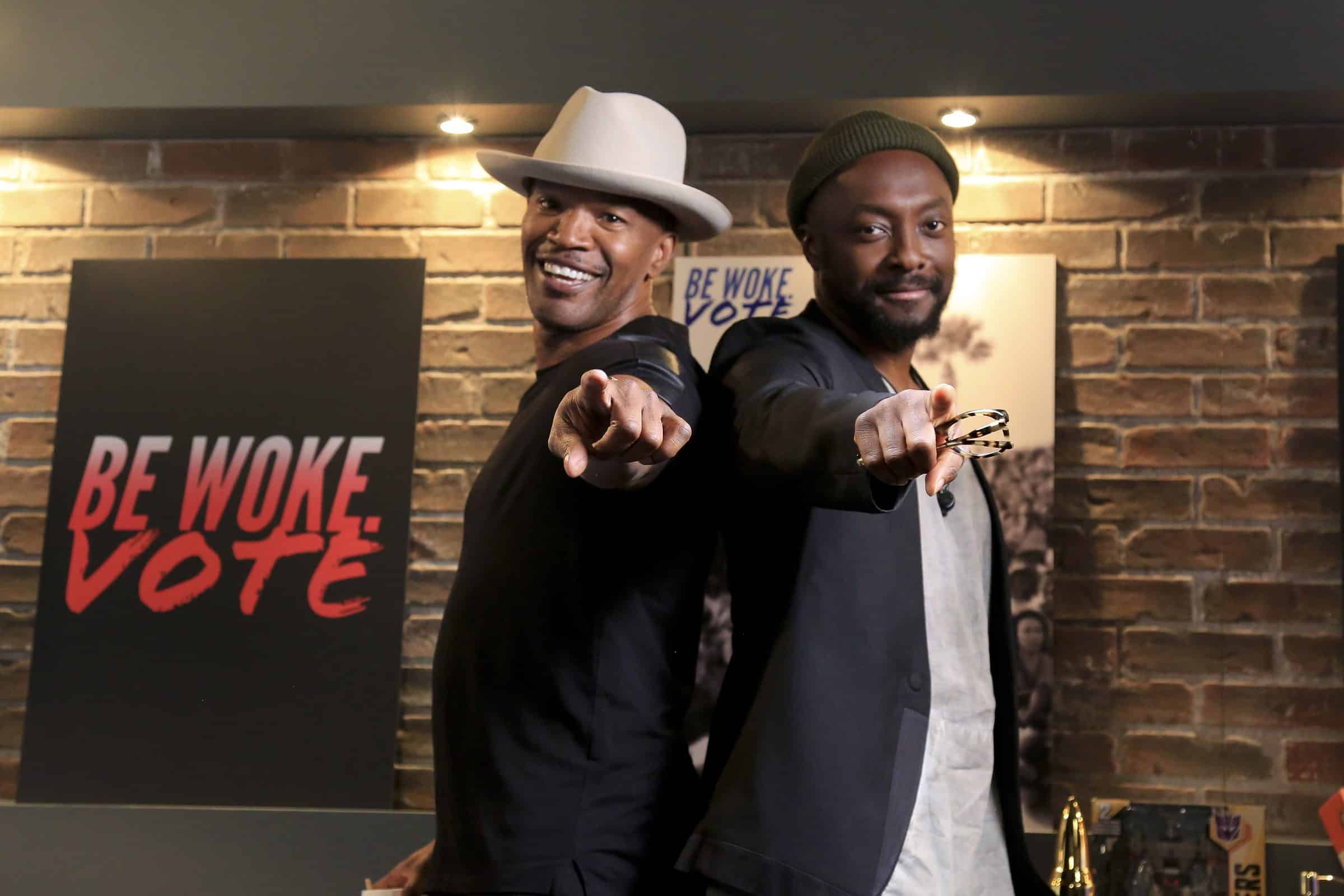 Jamie Foxx and will.i.am on the Be Woke.Vote set in 2018, in black and white