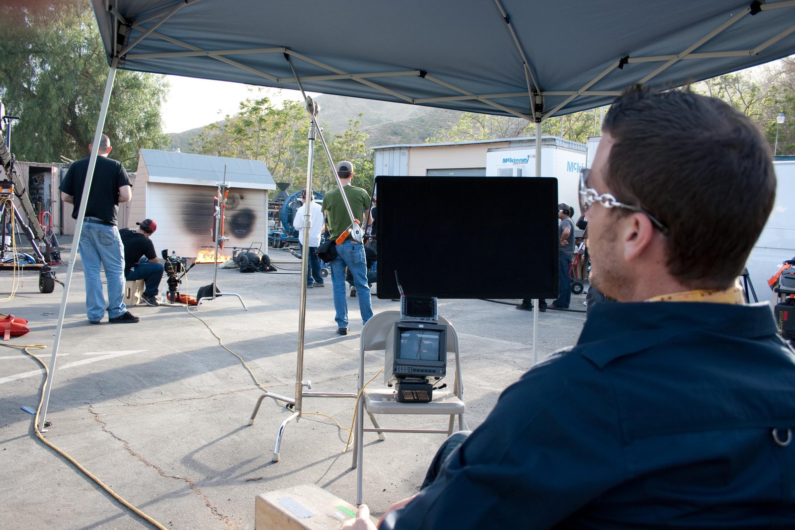A monitor on the set of Paint Misbehavin' for TLC, 2009, in black and white