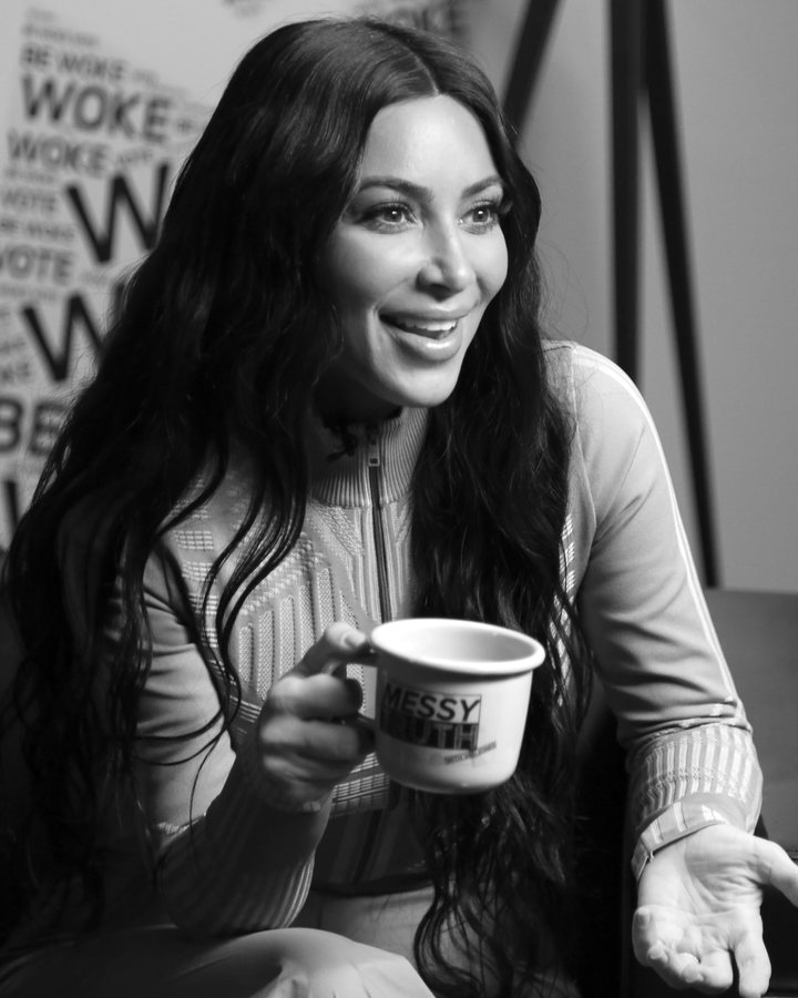 Kim Kardashian on the set of The Messy Truth, 2018, in black and white