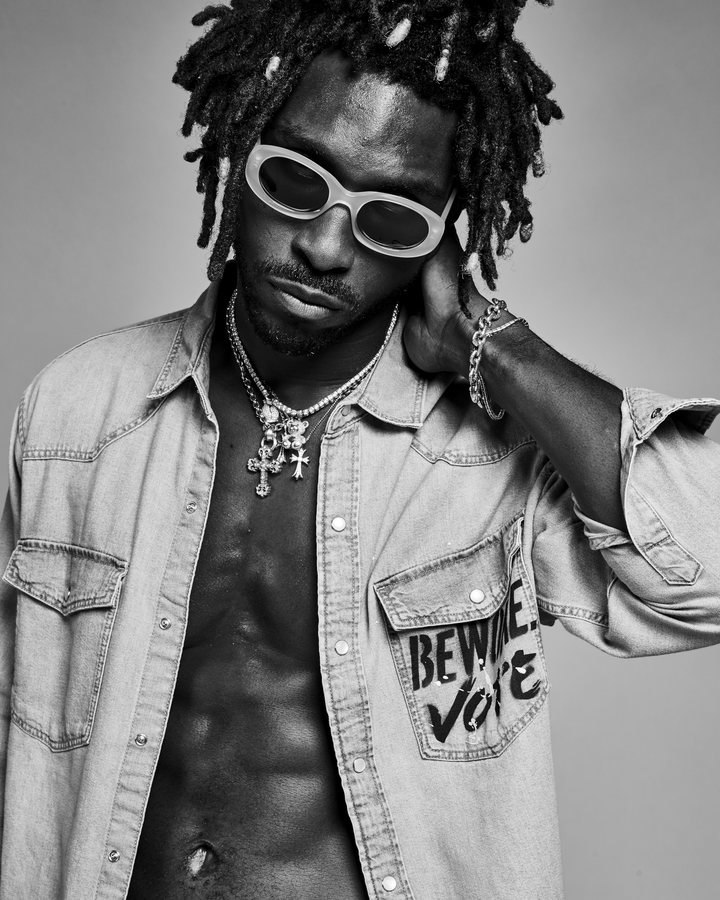 Saint JHN at the Be Woke.Vote 2020 photo shoot, in black and white