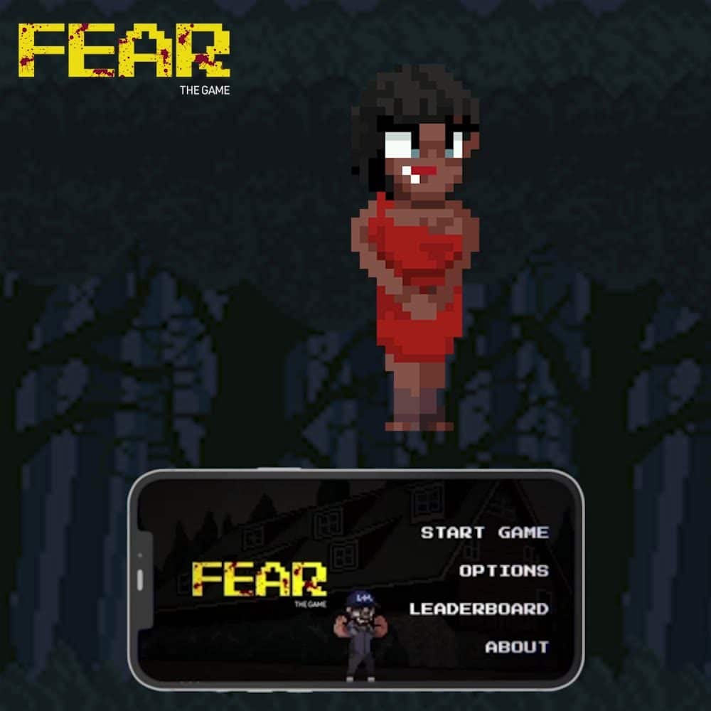 FEAR: The Game start screen on a phone, with a pixel-art character